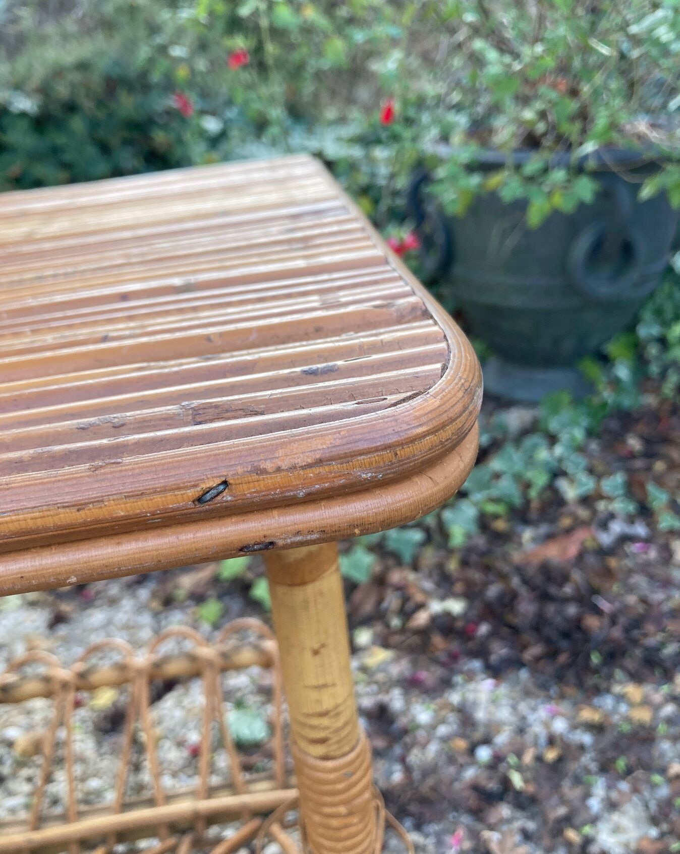 Vintage rattan magazine rack table