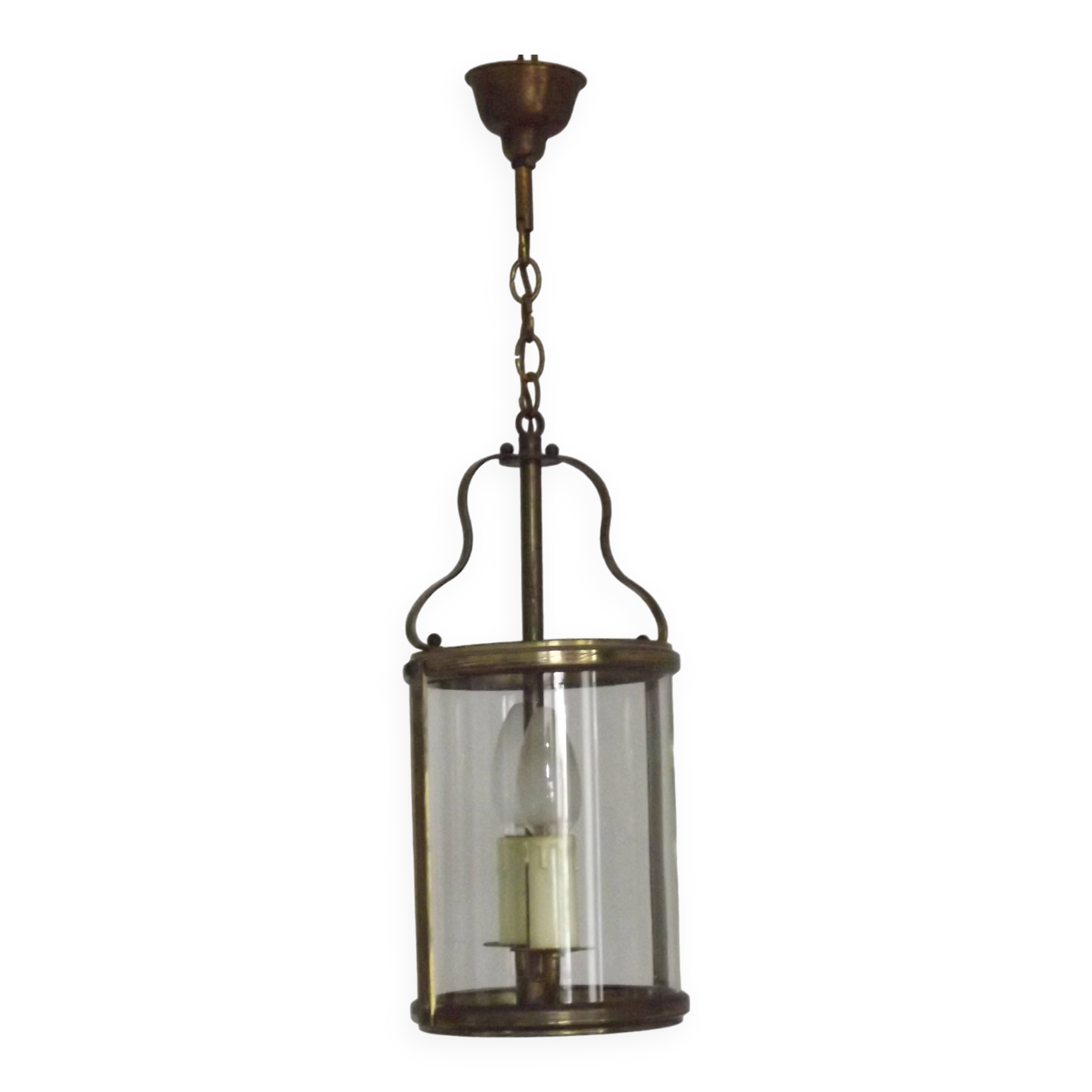 French Vintage Brass 2 Light Hanging Lantern With Cylindrical Glass Shade 4948