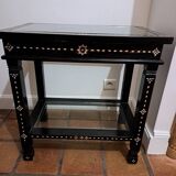 Table basse syrienne en bois, verre et incrustations de nacre