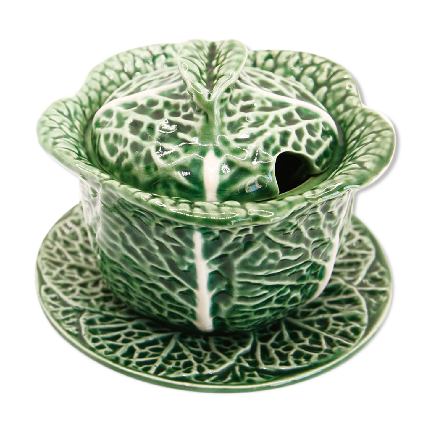 Mustard or sugar bowl from Portugal in green slurry like cabbage leaves