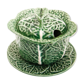 Mustard or sugar bowl from Portugal in green slurry like cabbage leaves