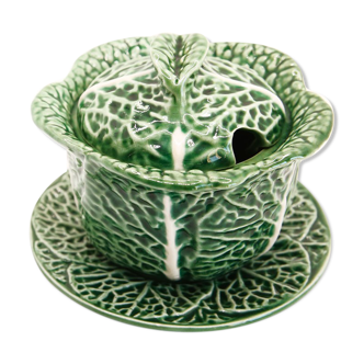 Mustard or sugar bowl from Portugal in green slurry like cabbage leaves
