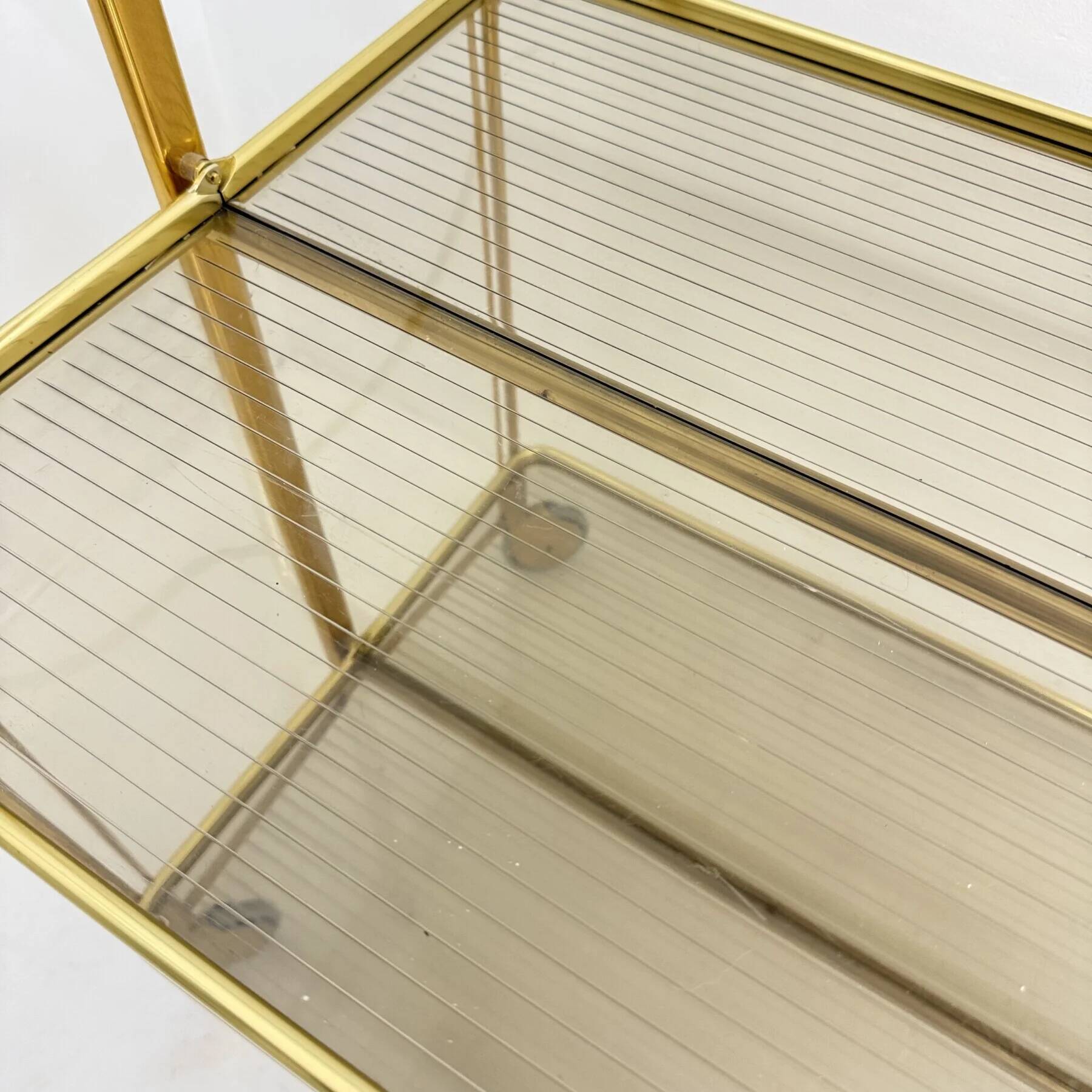 Mid-century modern folding bar cart in brass and ribbed acrylic glass, 1970s
