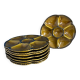 Set of 8 vintage Gien oyster plates in khaki green and black earthenware