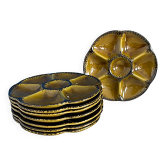 Set of 8 vintage Gien oyster plates in khaki green and black earthenware