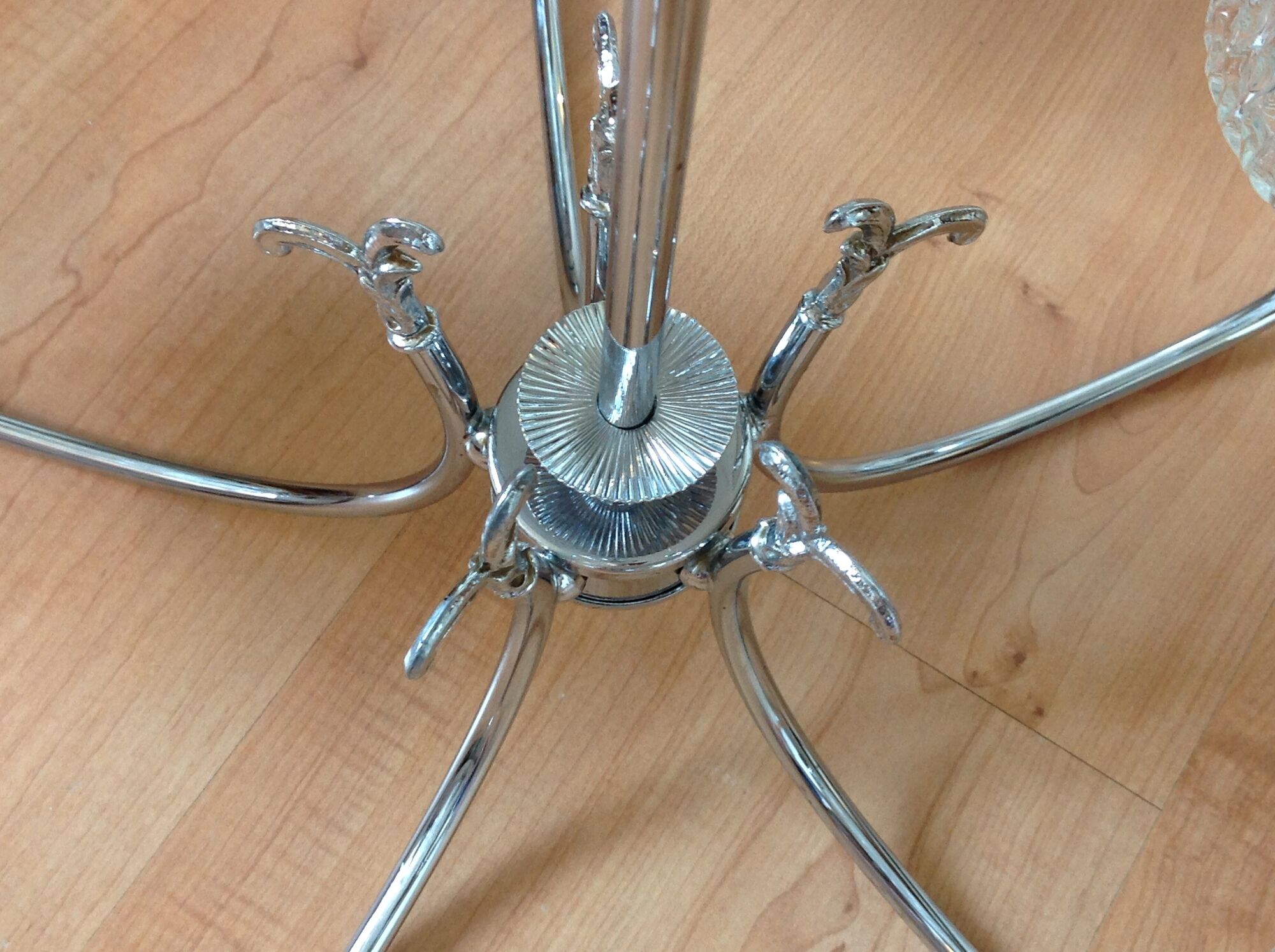 Five-spoke chandelier in chrome-plated metal and structured/vintage glass 60s-70s