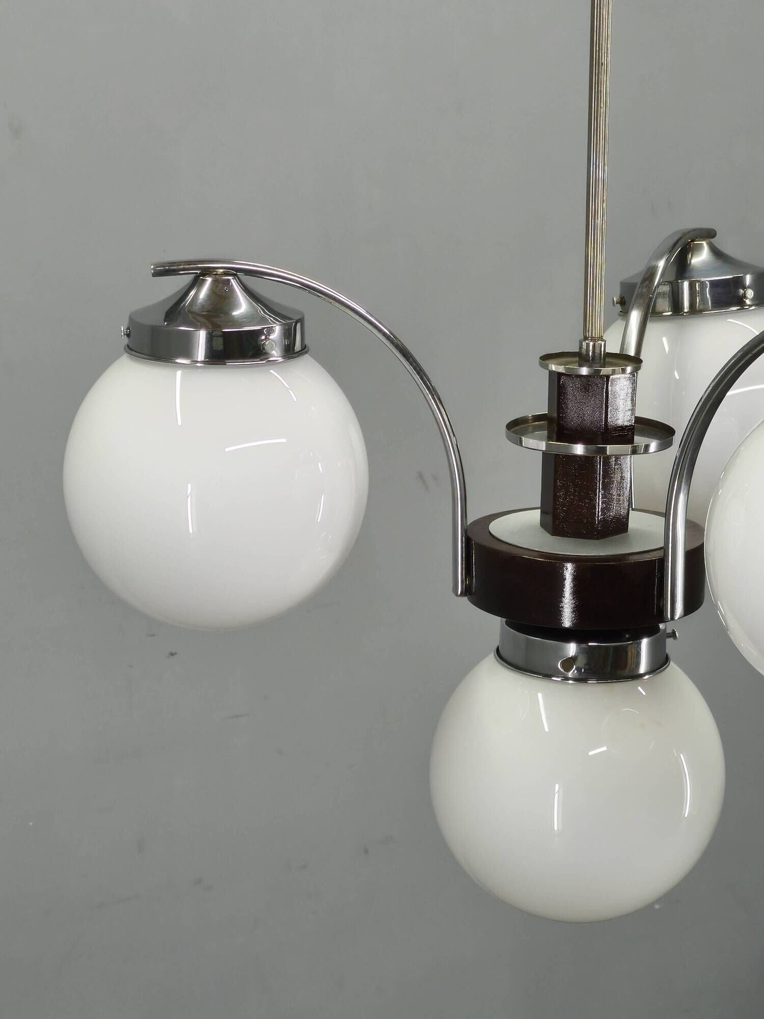 Czech Art Deco Chandelier from the 1930s with Four Opaline Glass Shades