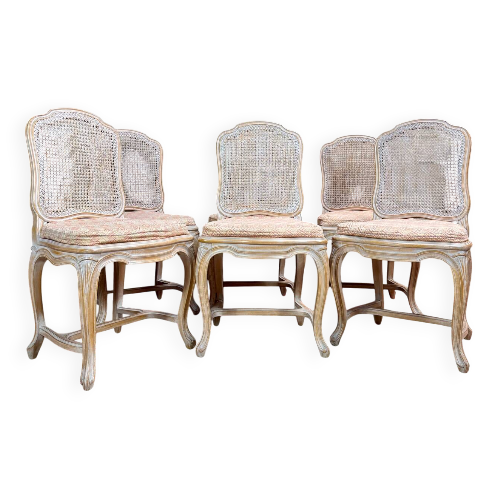 Set of six Louis XV style lacquered wood caned chairs