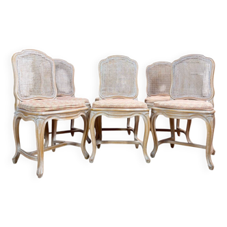 Set of six Louis XV style lacquered wood caned chairs