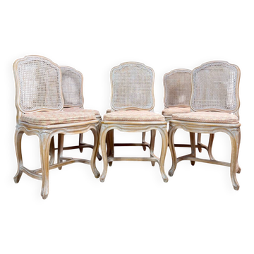 Set of six Louis XV style lacquered wood caned chairs