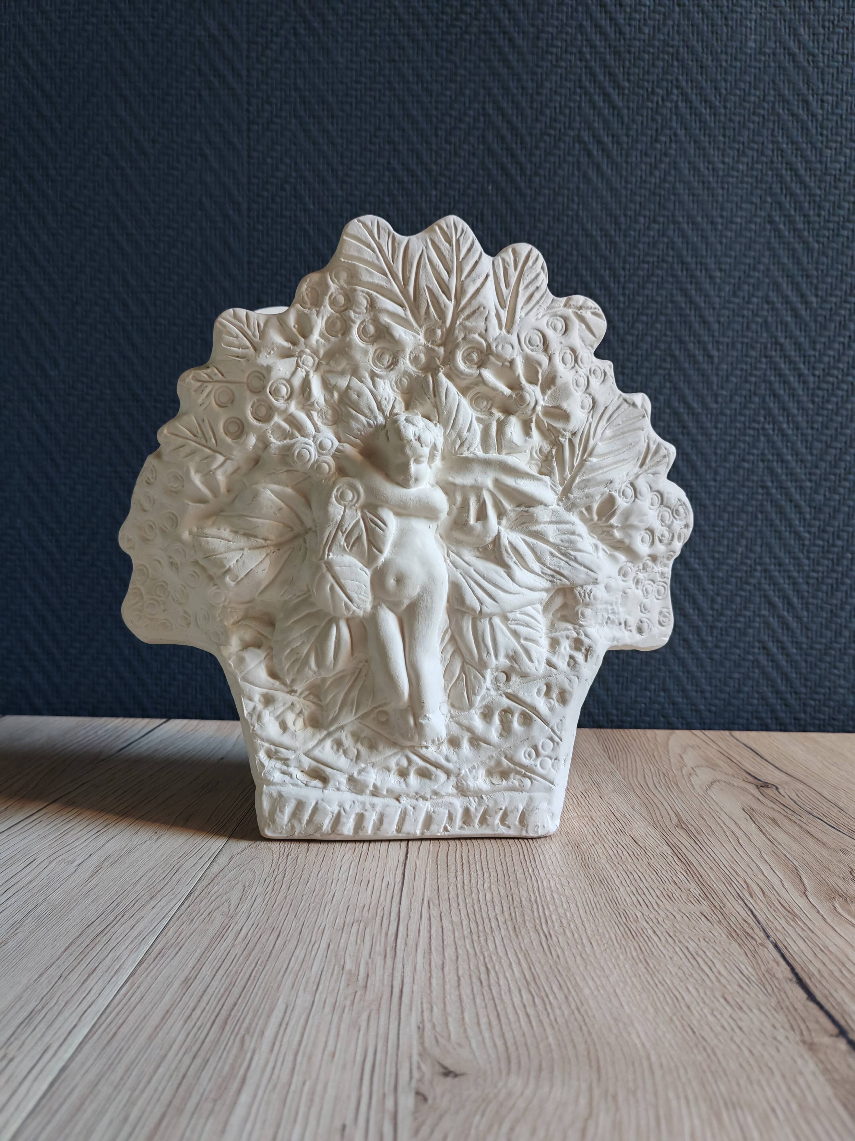 Angel Vase in White Plaster, Vintage Planter with Cherub and Flower Motif