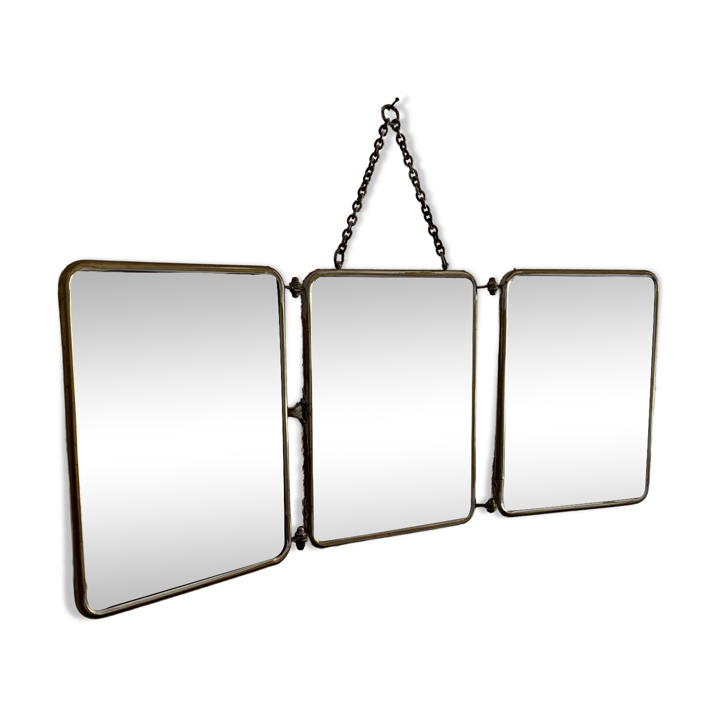 Miroir vintage 1930 triptyque de barbier lézard brun Art Déco - 26 x 61 cm