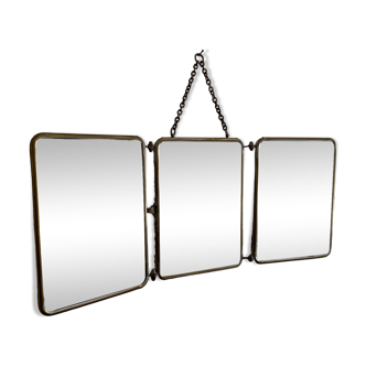 Miroir vintage 1930 triptyque de barbier lézard brun Art Déco - 26 x 61 cm
