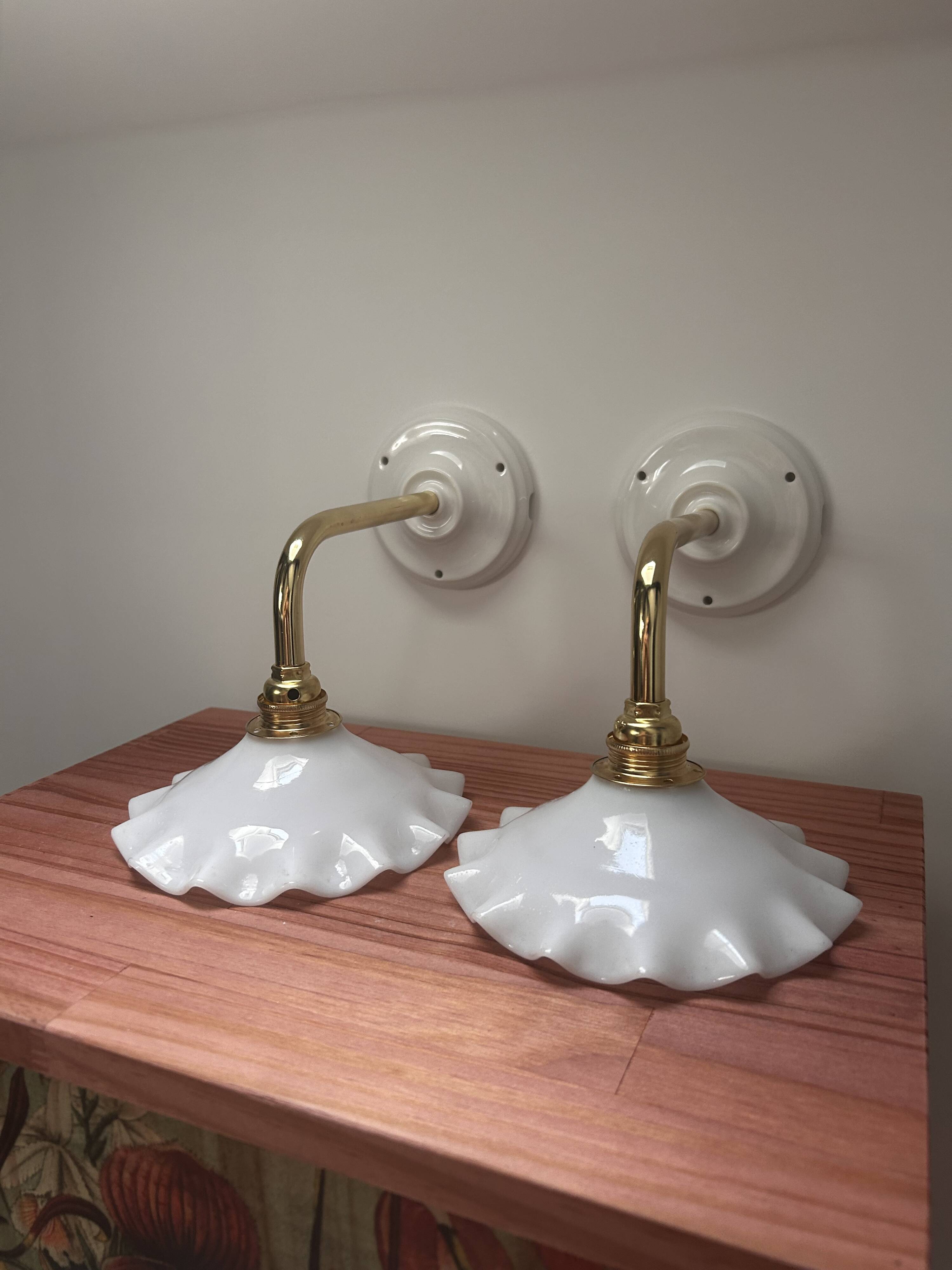 Pair: white opaline wall lights