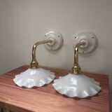 Pair: white opaline wall lights