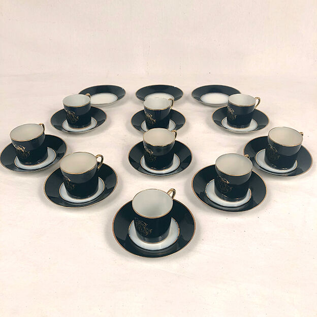 Together, Limoges, Jean Pouyat cups and sub-cups blue oven background