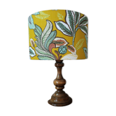 Lampe à poser bois tourné ancien | imprimé ocre végétal & botanique 
