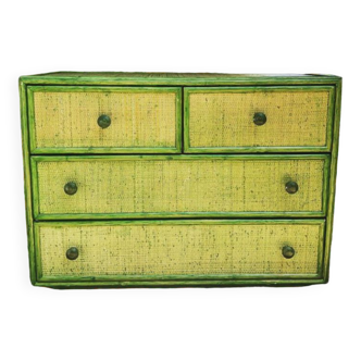 Green wood and rattan chest of drawers