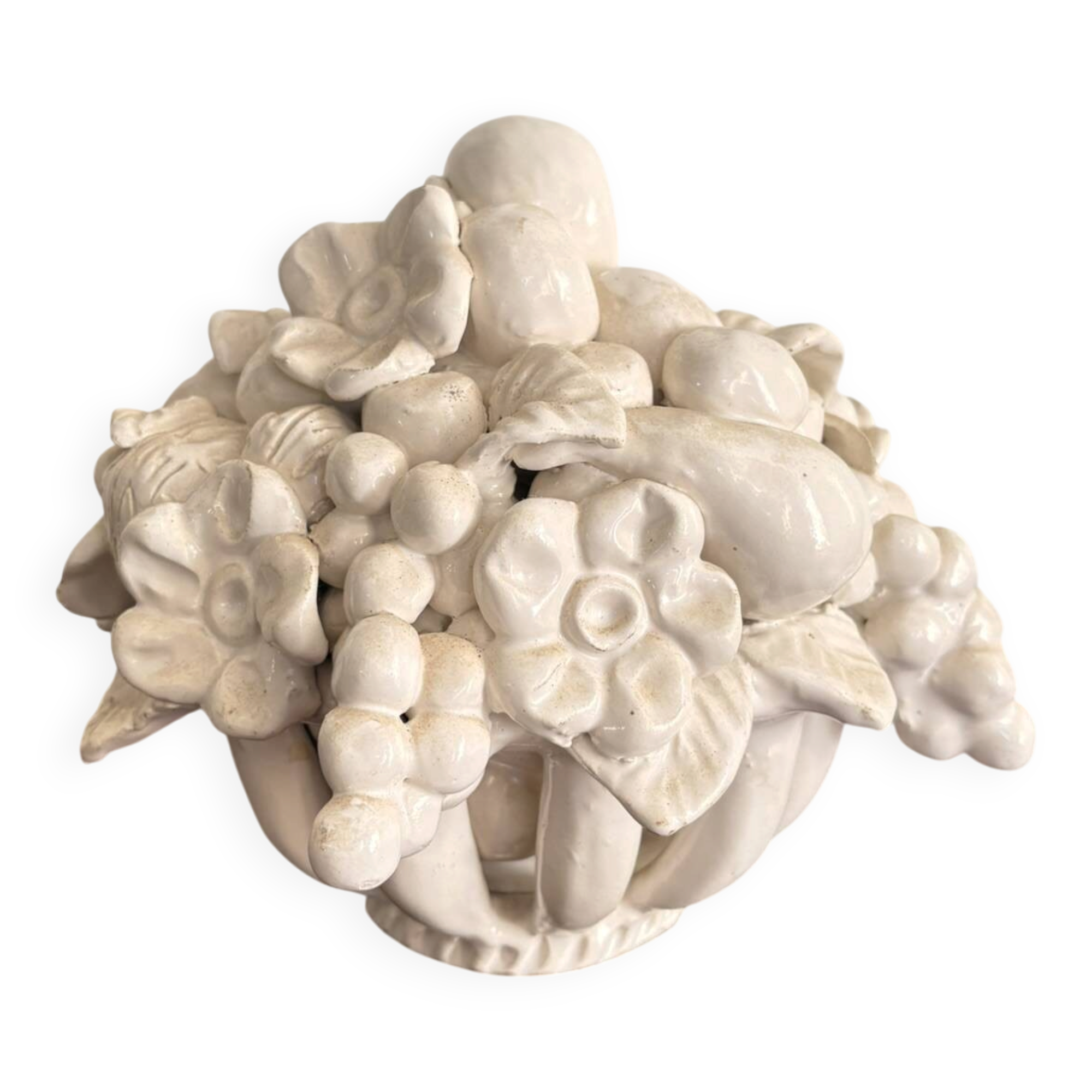 Ceramic Fruit Basket Sculpture Enamelled White 19th Century Malicorne