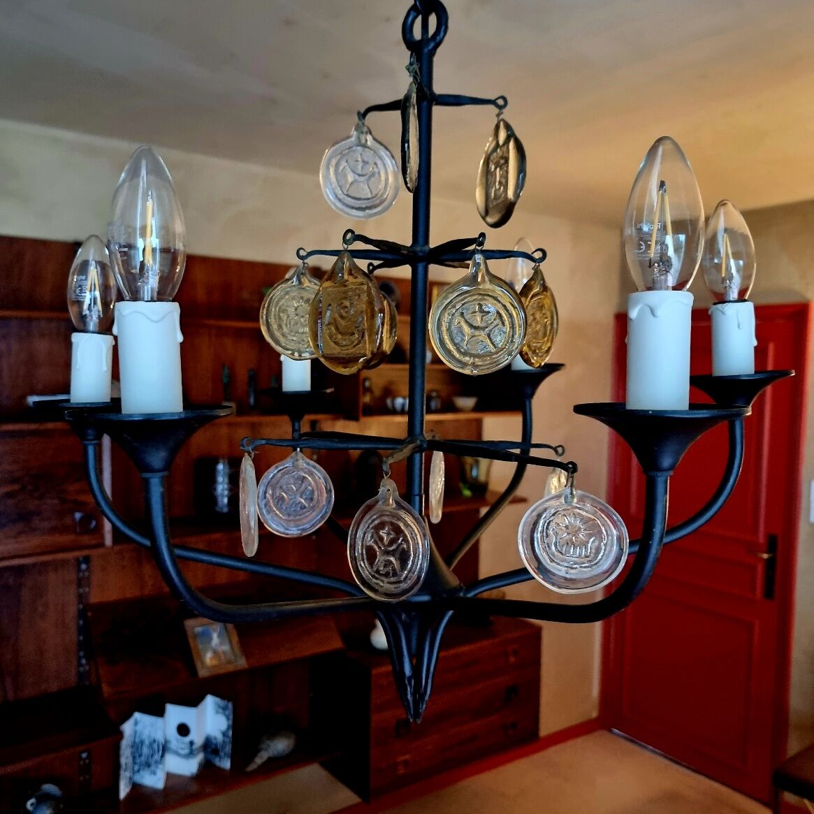 Scandinavian chandelier in lacquered metal and glass by Erik Höglund and Boda Glasburk, for Holm Soresen