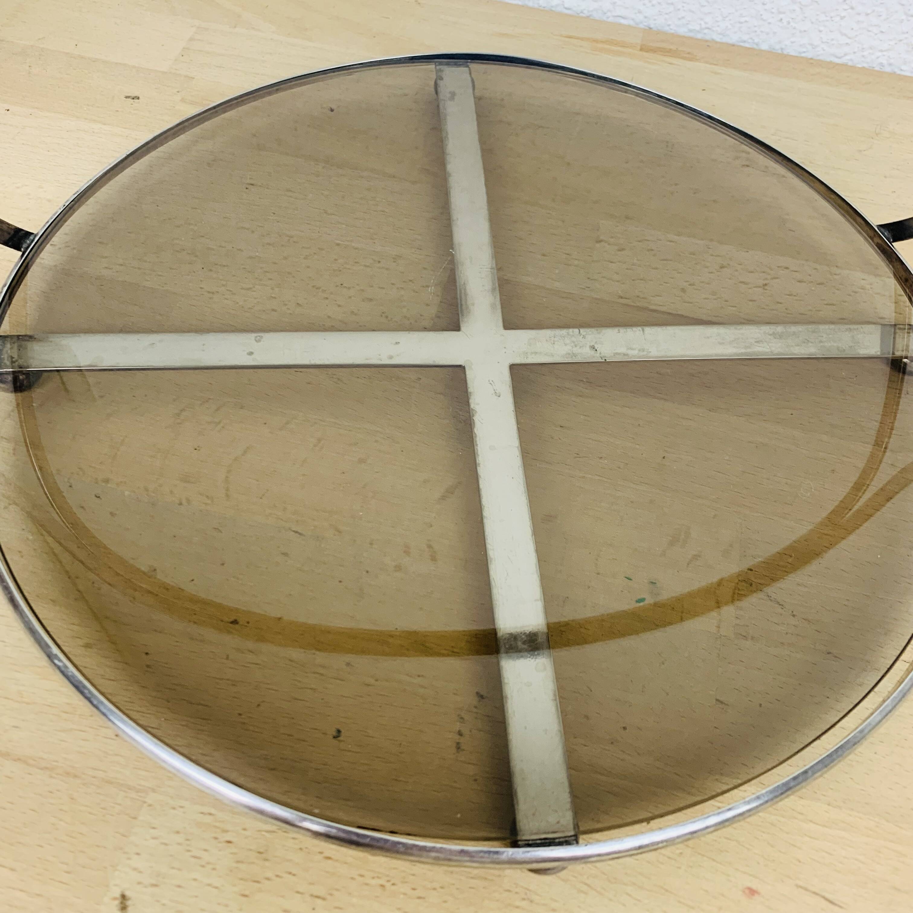 Silver metal and smoked glass tray