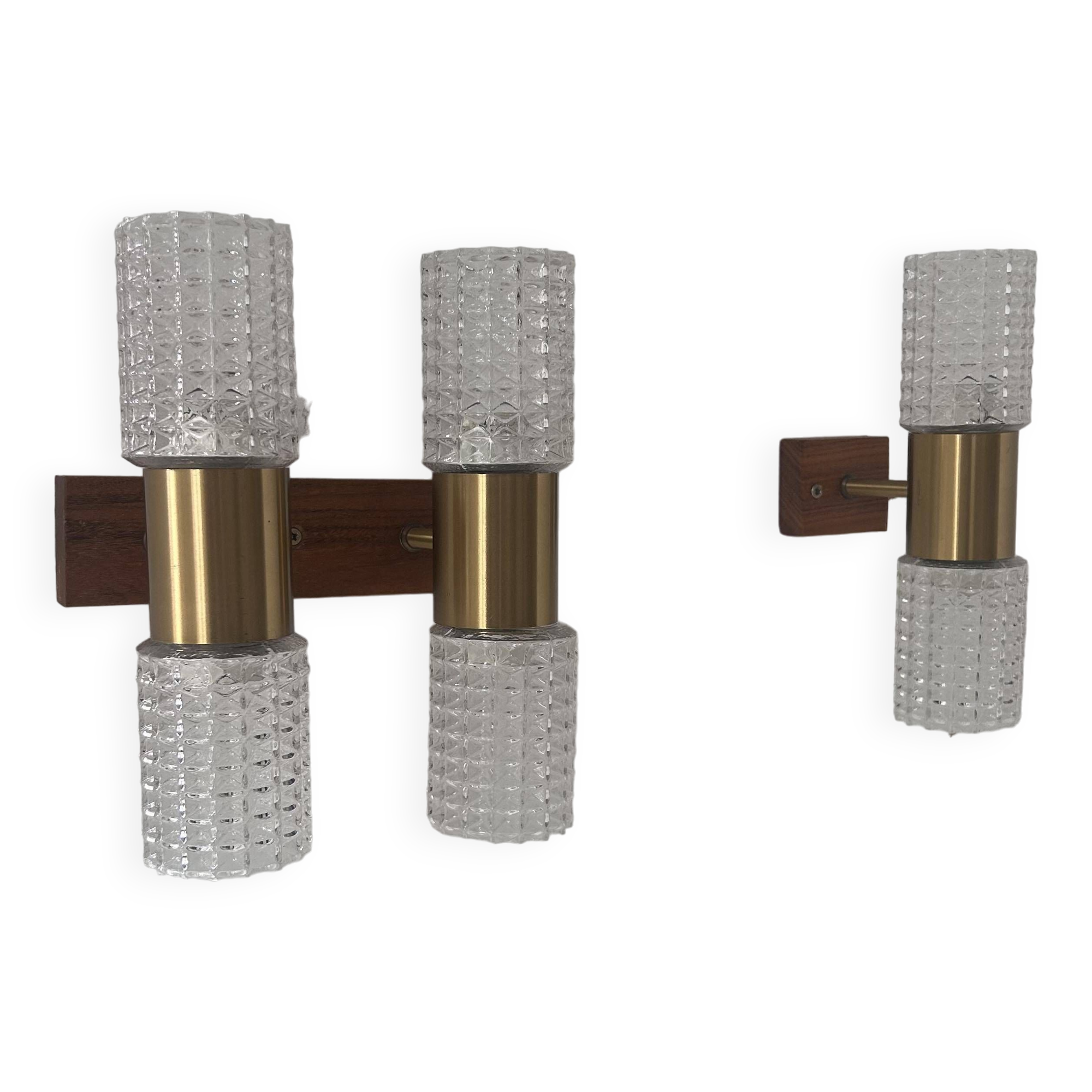 Pair of vintage wall lights, brass and molded glass, Sweden 1960s