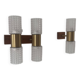 Paire d'applique vintage, laiton et verre moulé, Suède 1960