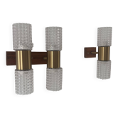 Pair of vintage wall lights, brass and molded glass, Sweden 1960s