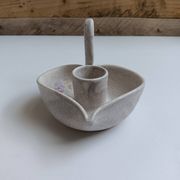 Vallauris grey candle holder with pink flowers, signed.