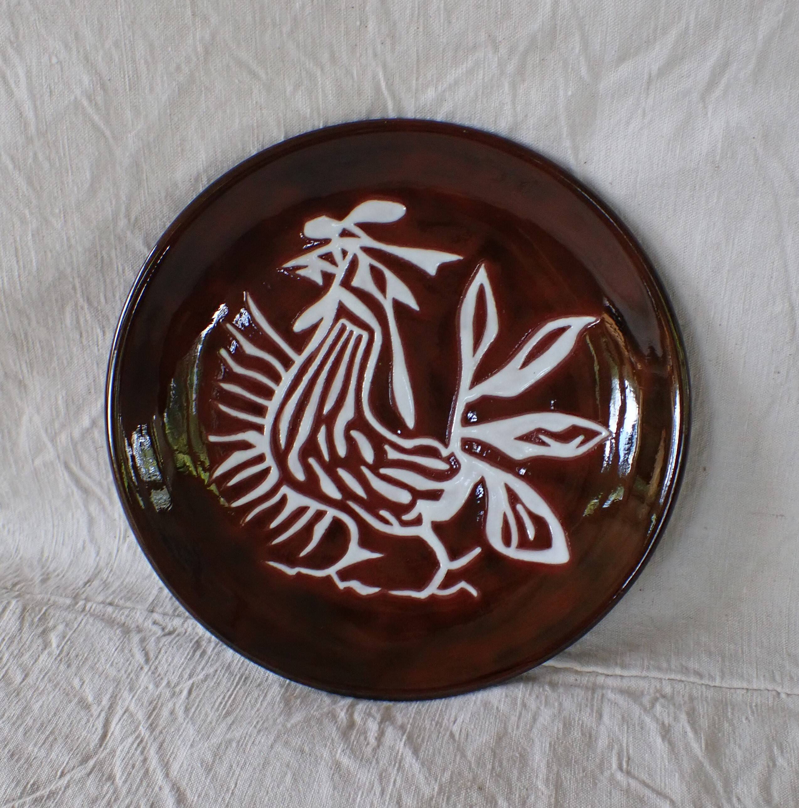 Jean Lurçat plate in brown glazed ceramic decorated with a rooster