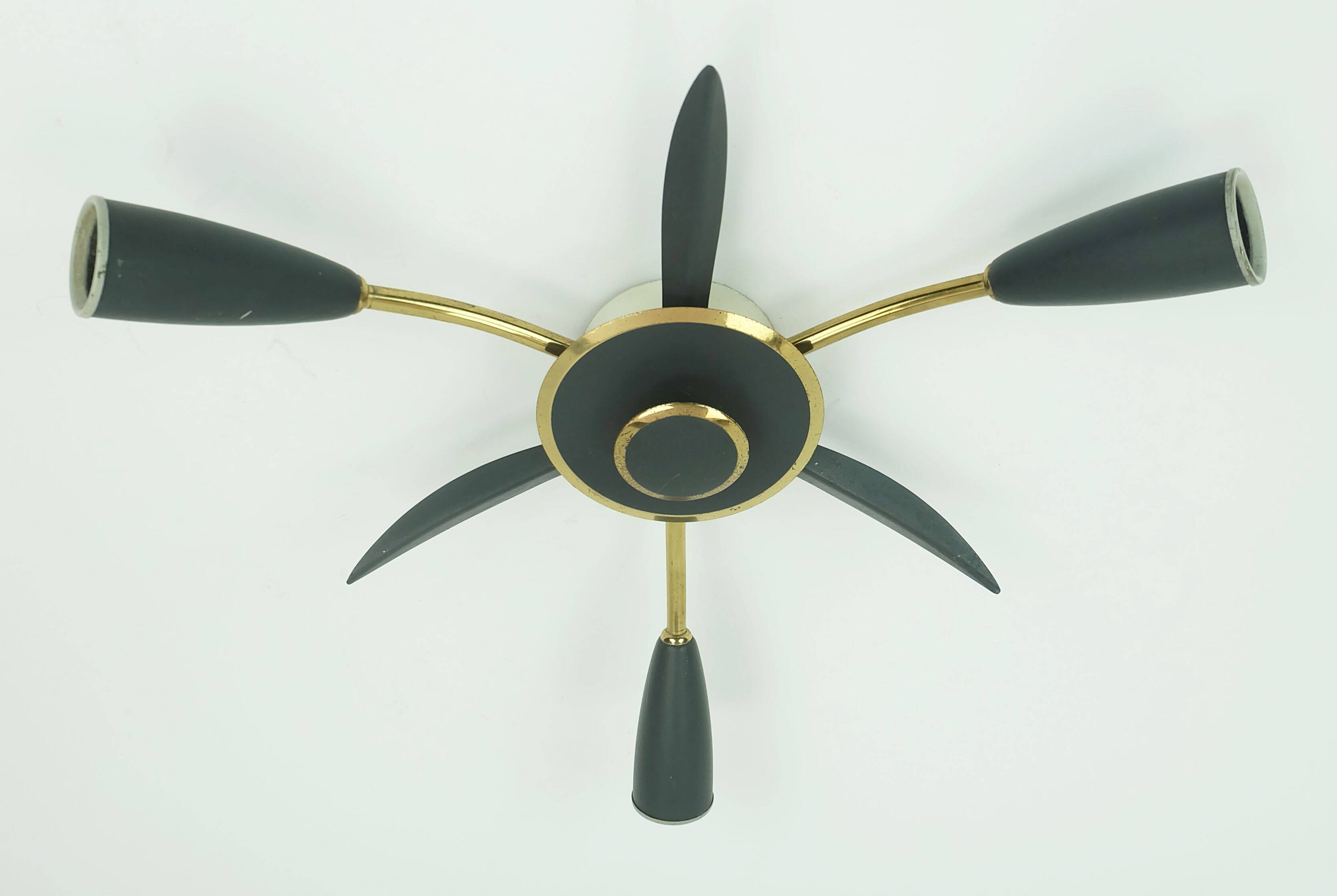 1950s mid century sputnik 3-light CEILING FIXTURE brass and dark grey metal