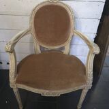Louis XVI style bergère armchair in patinated wood