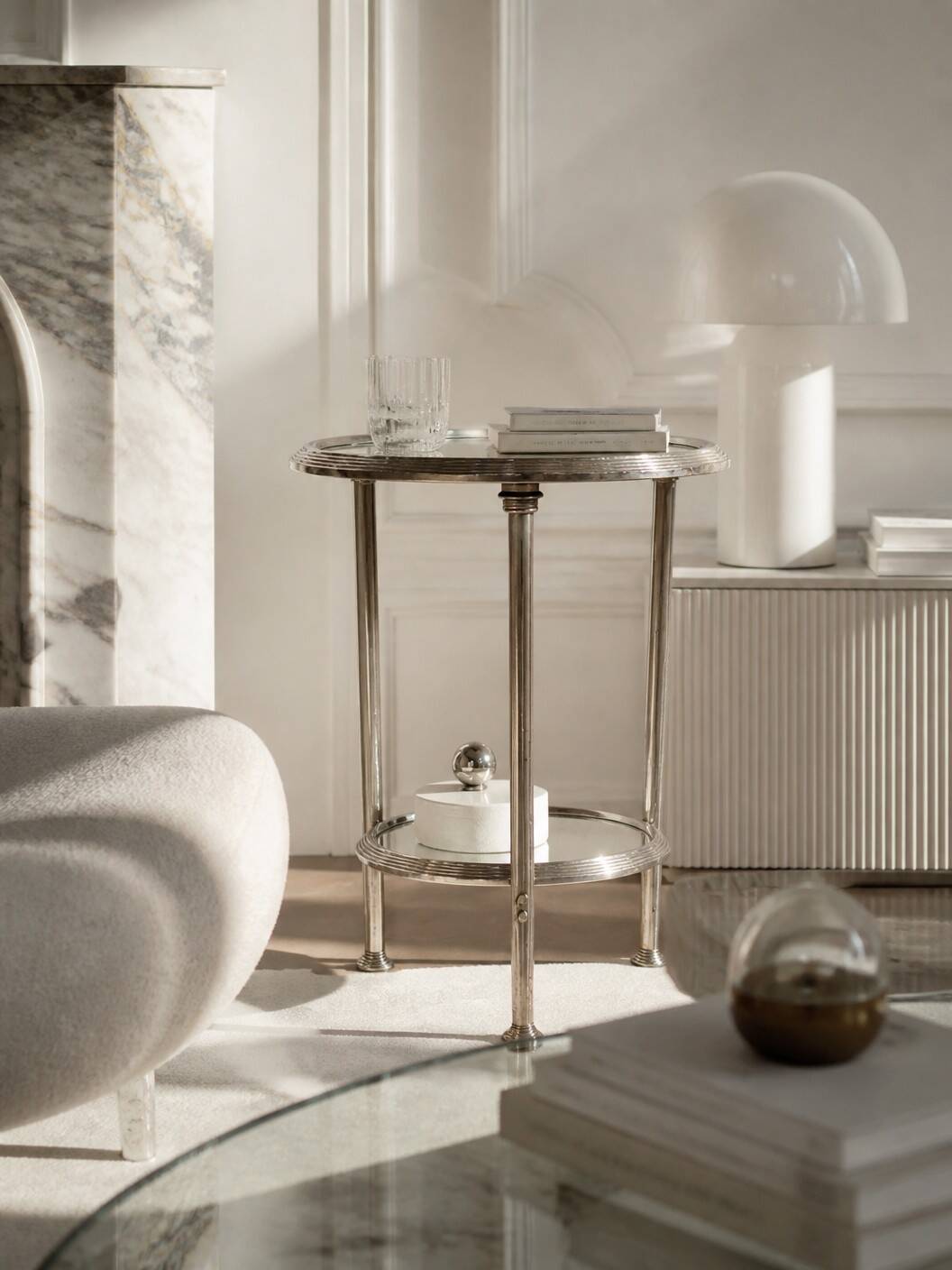 Art Deco tripod gueridon in chrome metal with double mirror top, 1930-19.