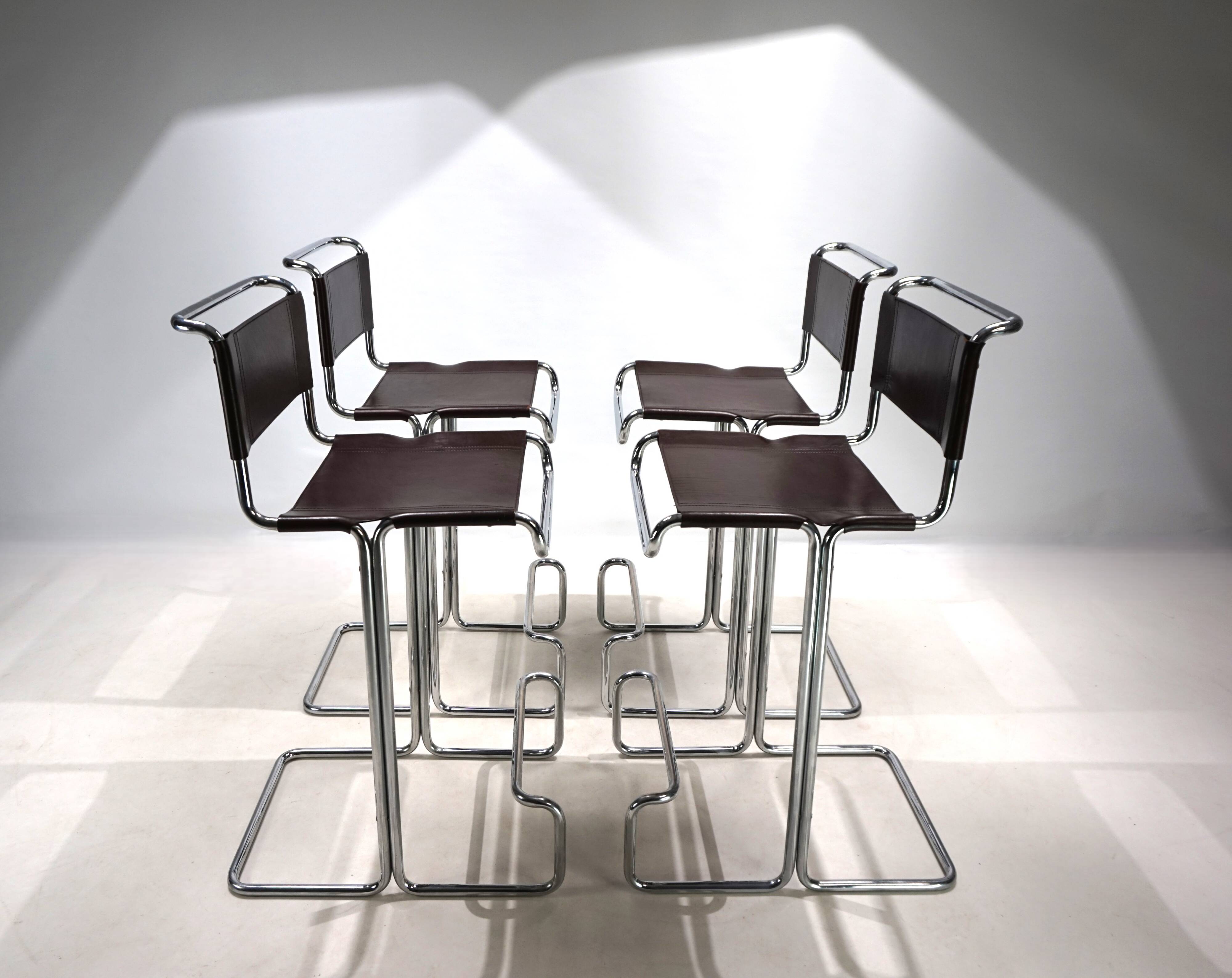 Ensemble de 4 tabourets de bar en acier tubulaire Linea Veam, 1960