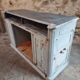 Antique oak counter with zinc top and blue patina