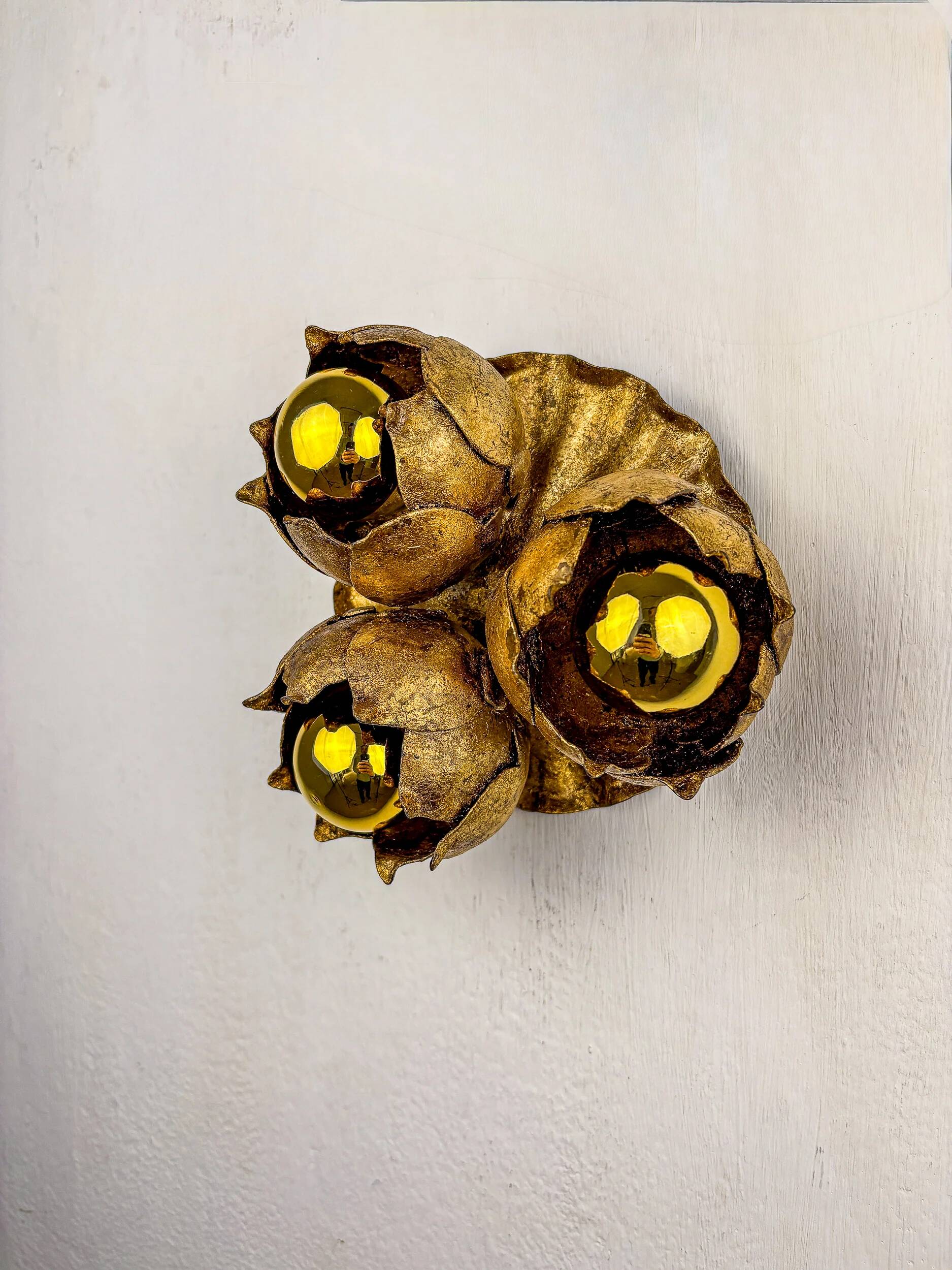 French floral bouquet three-light ceiling or wall light, gilt iron, 1940s