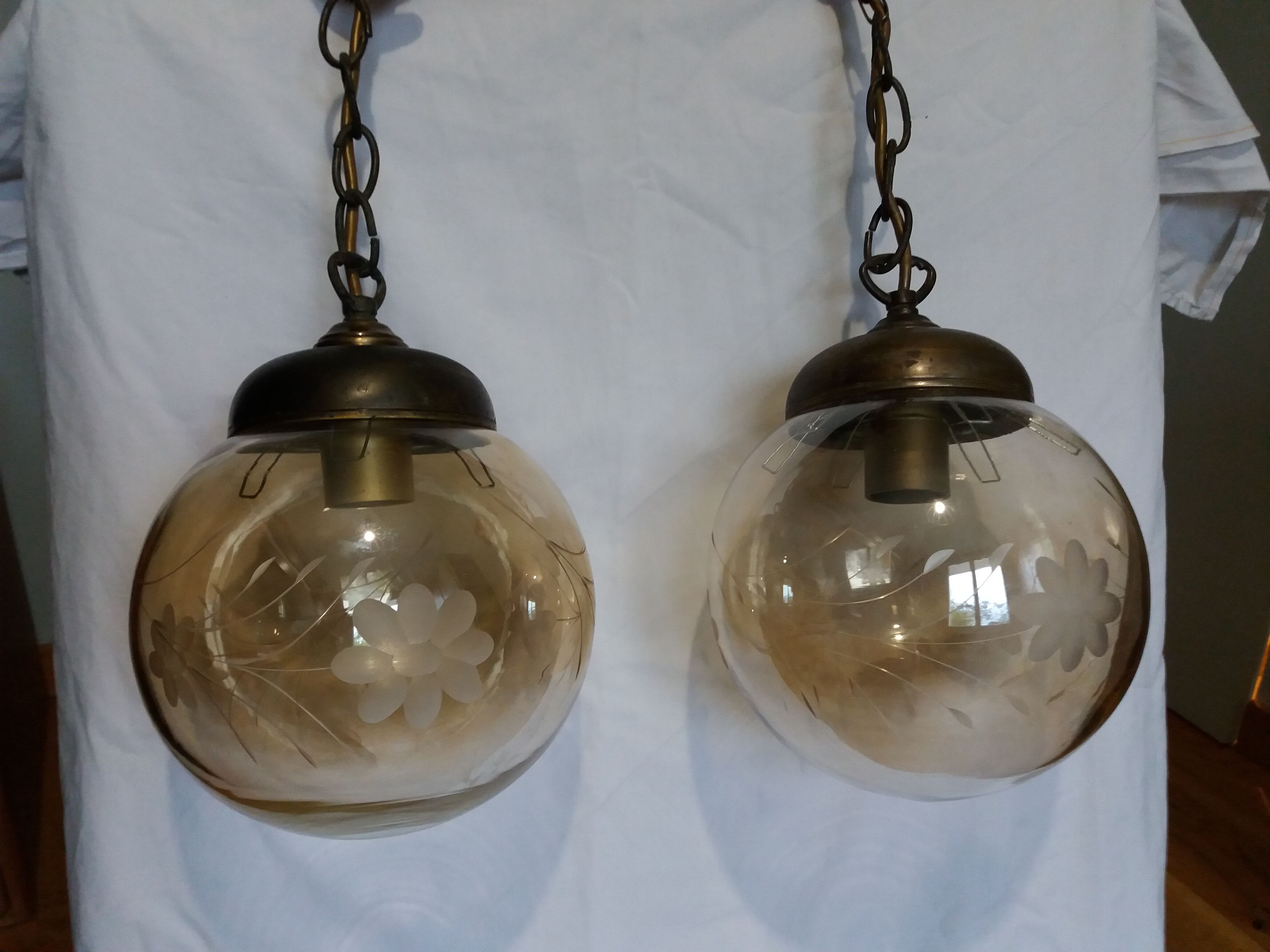 2 amber chiseled blown glass globe ball pendants