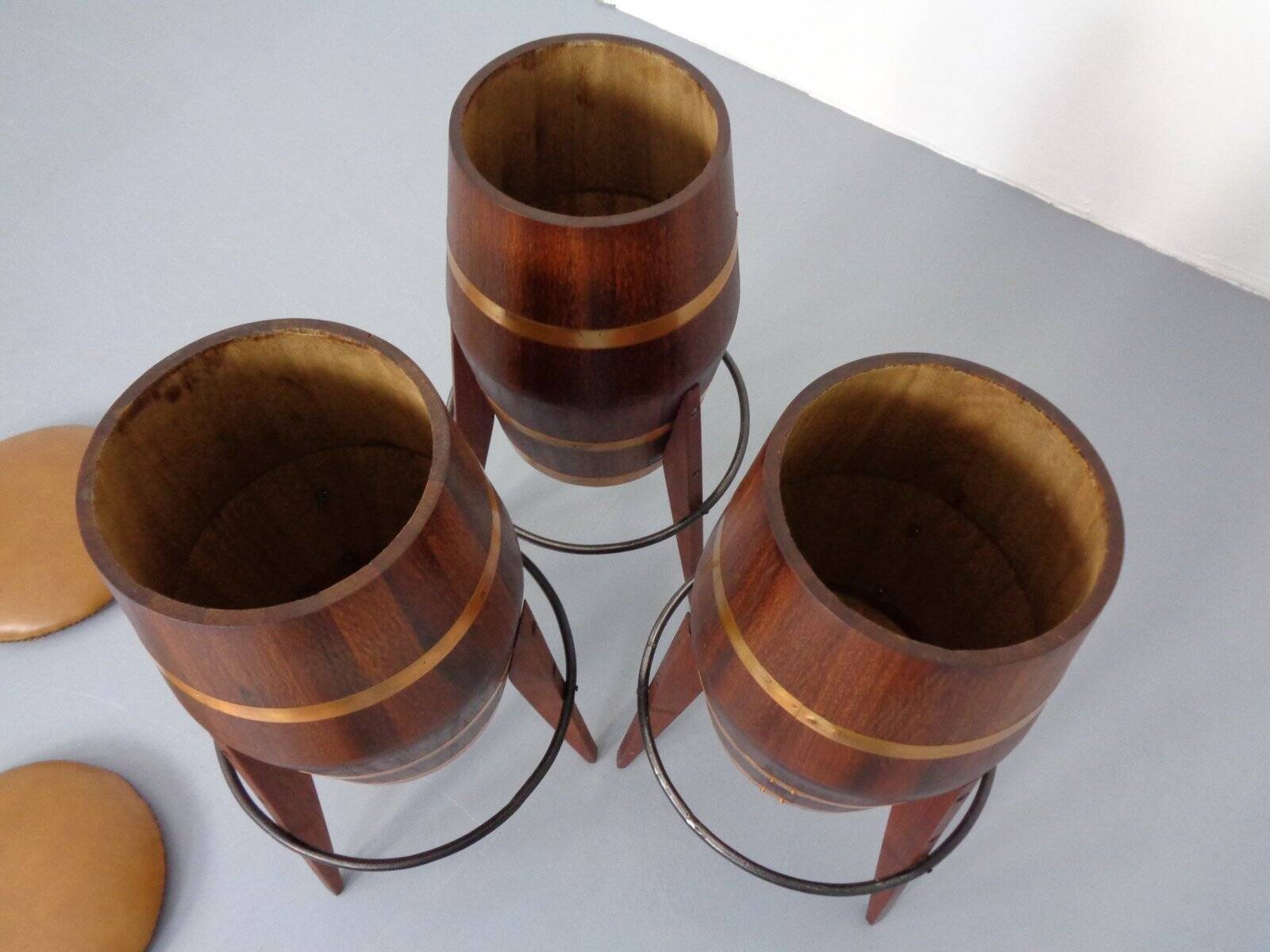 Mid-Century Teak & Copper Bar Stools, 1960s, Set of 3
