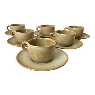 set of 6 stoneware cups and saucers Grès du Village 60s-70s