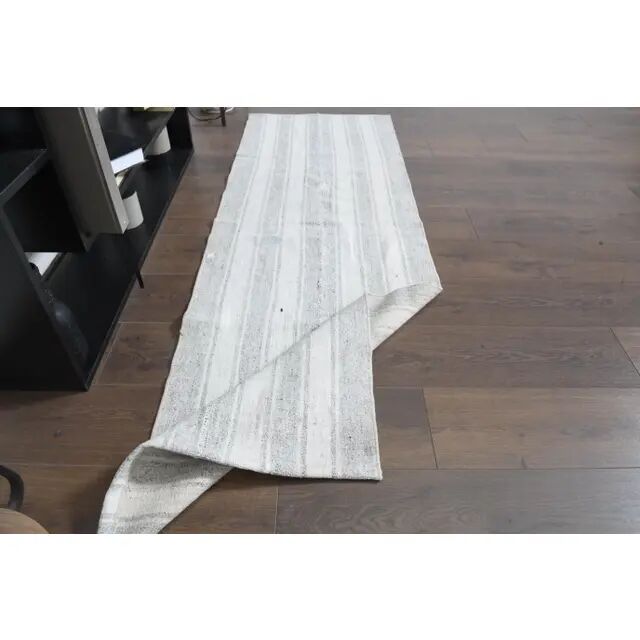 1970s Vintage Turkish Handmade Wool Cotton Beige Kilim Rug 65x200