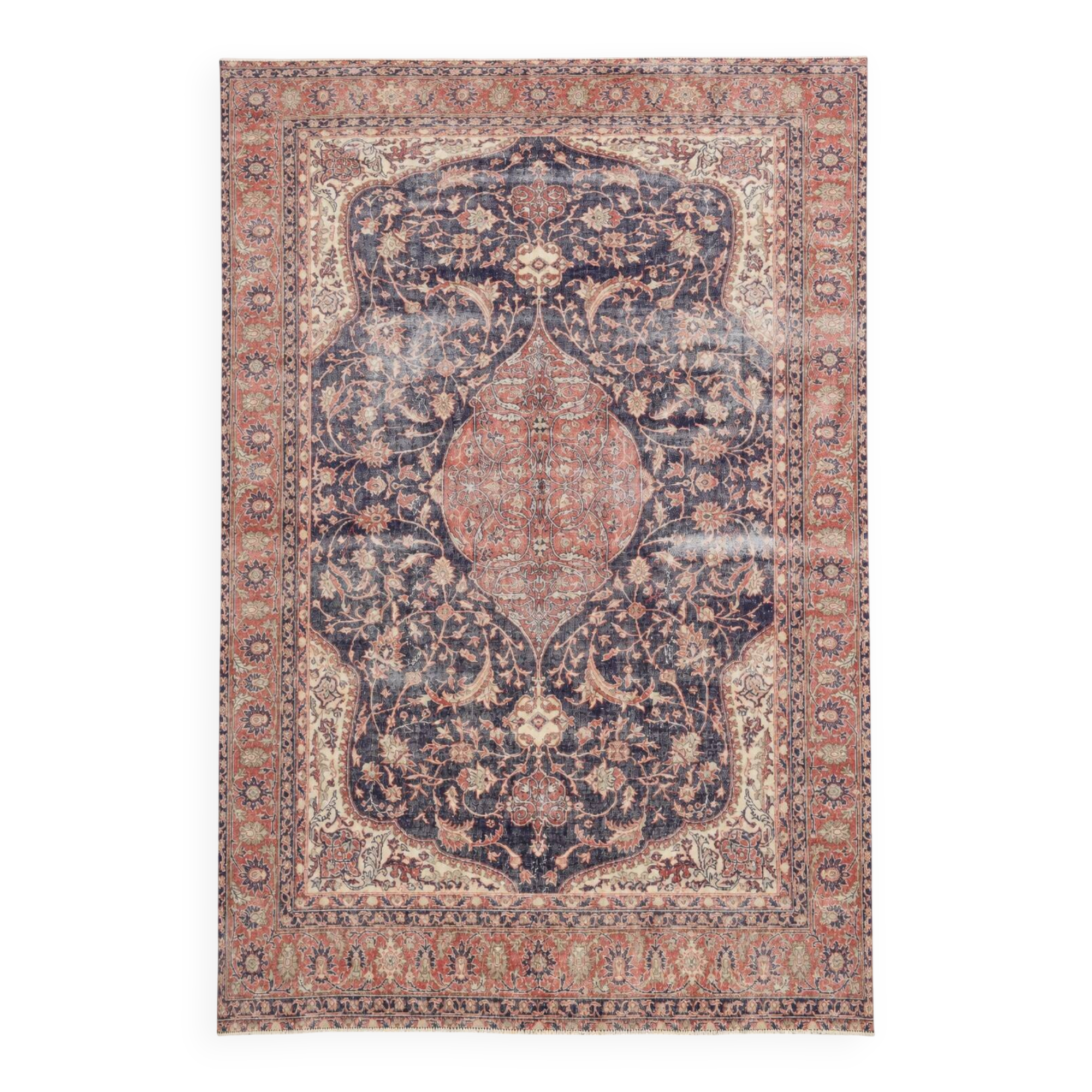 7x11 Vintage Red & Navy Blue Persian Rug, Oriental Rustic Decor, 228x338Cm