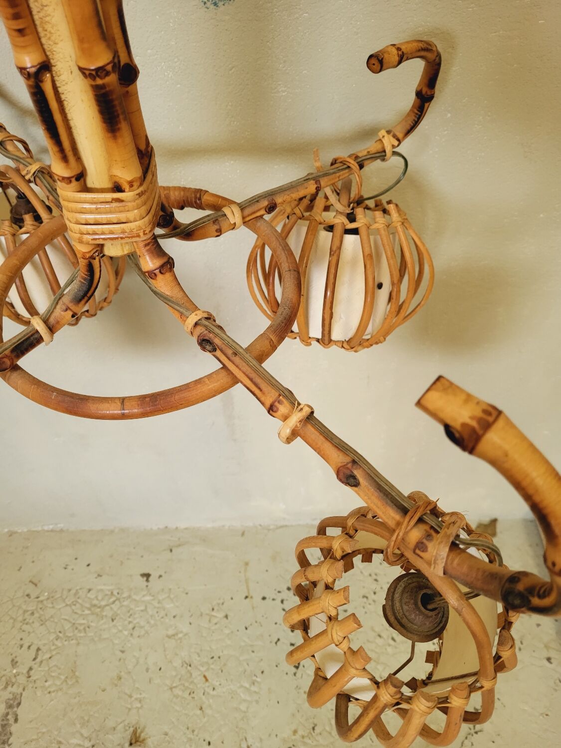 Vintage rattan chandelier 60s 4 branches