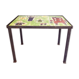 Children's coffee table, 70s with naïve drawing on ceramics, iron frame