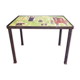 Children's coffee table, 70s with naïve drawing on ceramics, iron frame