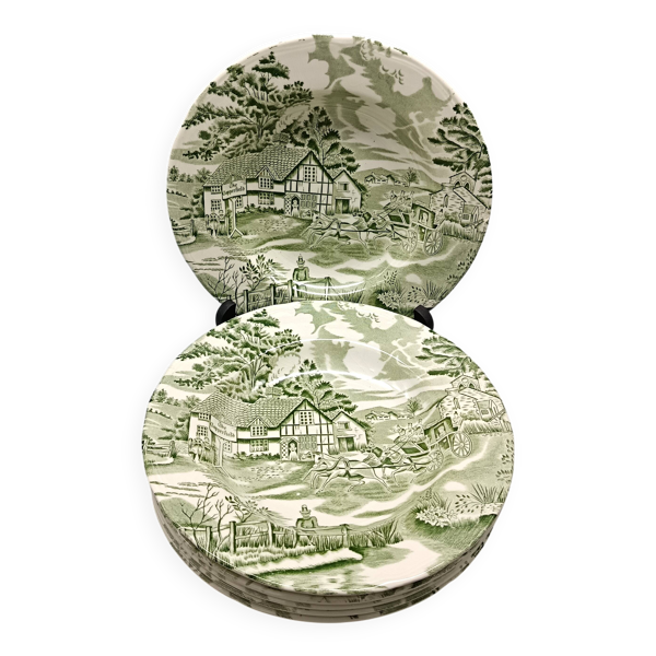 6 assiettes creuses en céramique française luneville,  vert et ivoire
