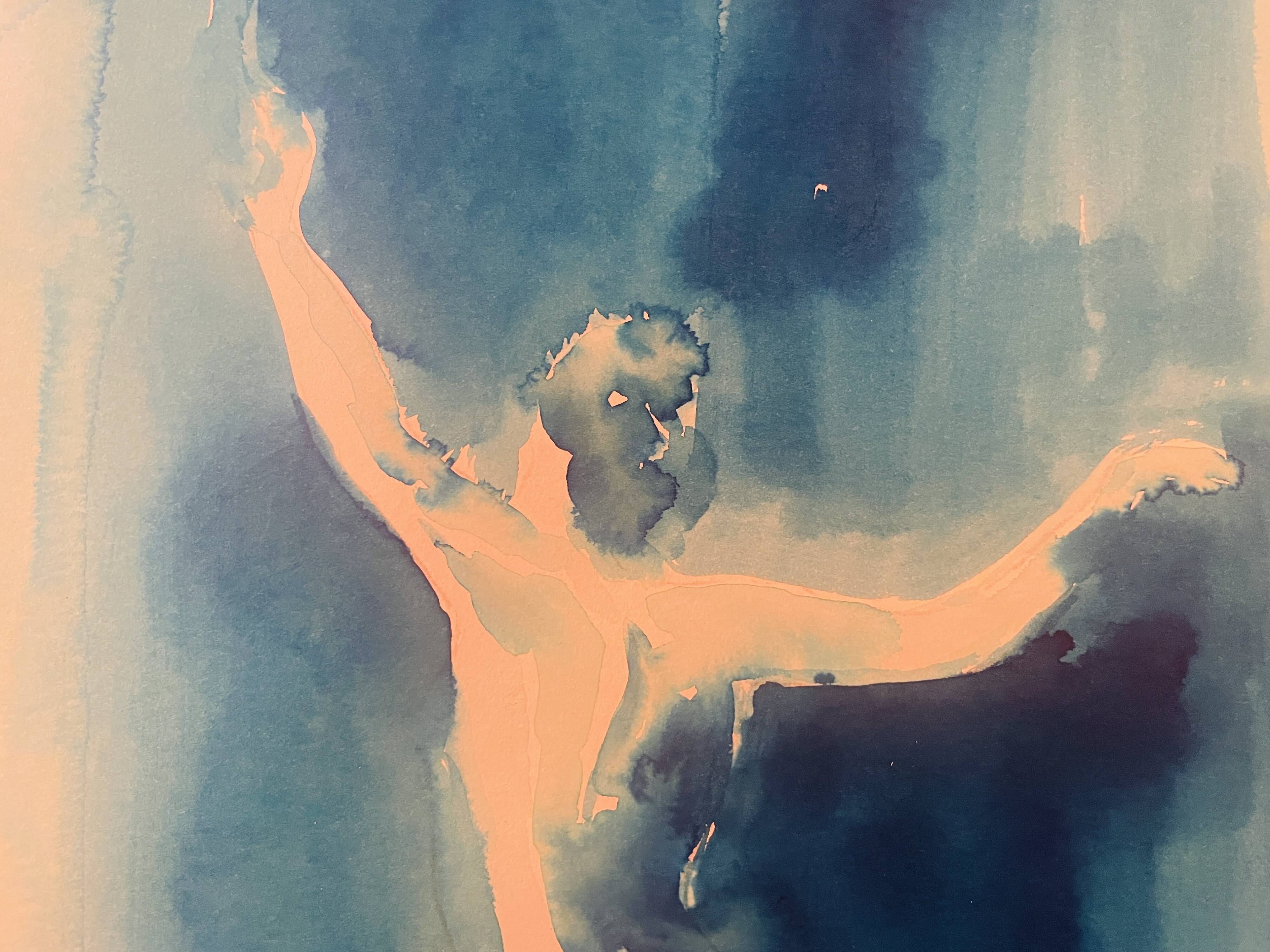 Monochrome blue watercolour tableau collection "Blue Lady" Dance, signed.