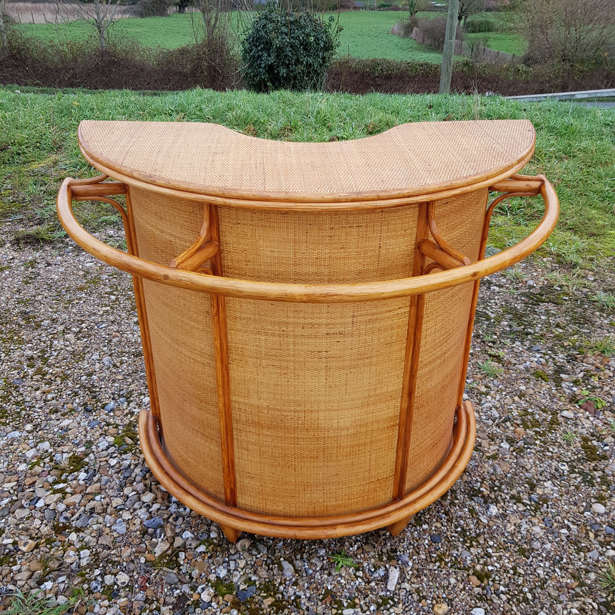 Vintage bamboo and rattan bar and pair of high stools