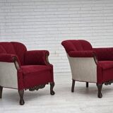 1950s, Danish armchair, red and light grey furniture wool, carved oak wood.