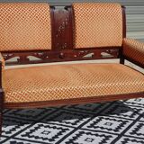 Vintage bench in wood and orange/ivory velvet.