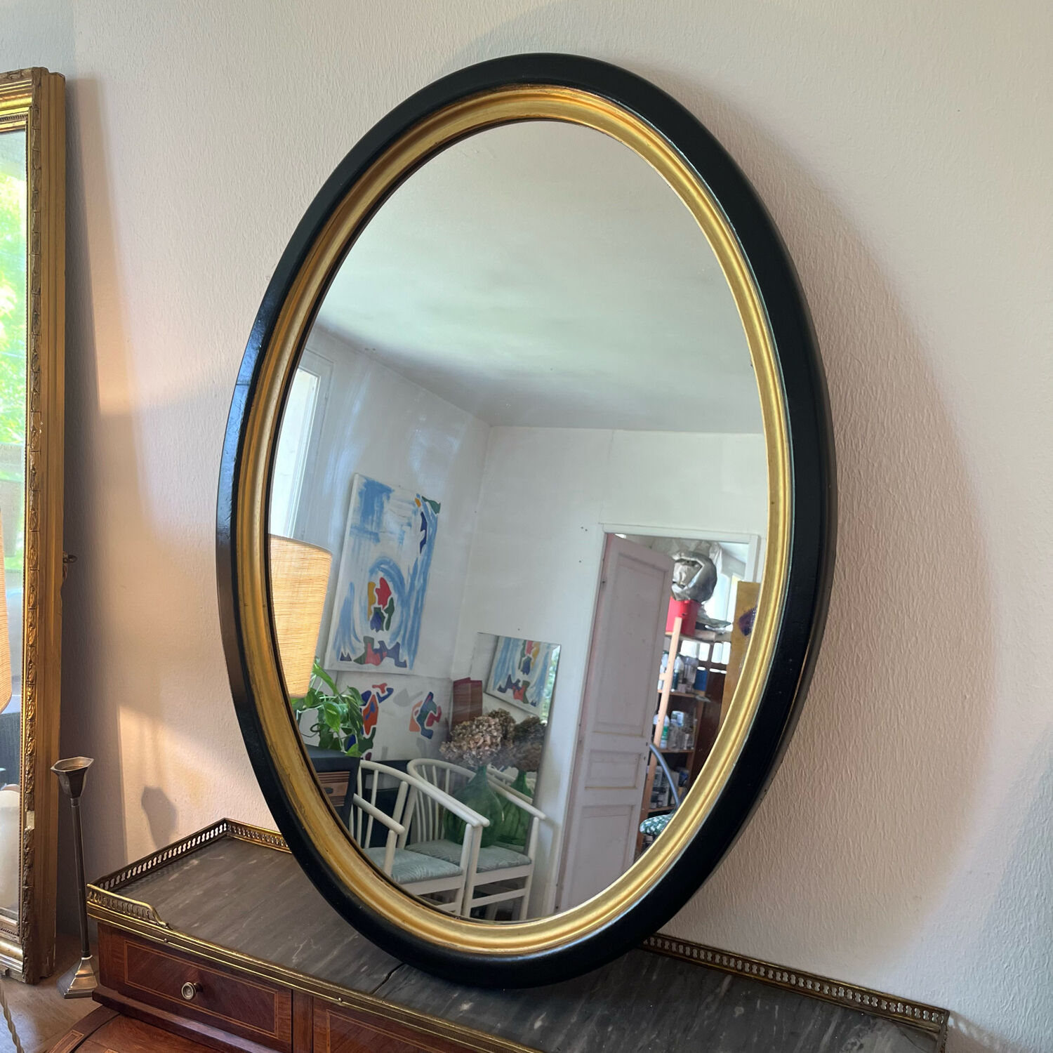Vintage oval mirror wood black and gold